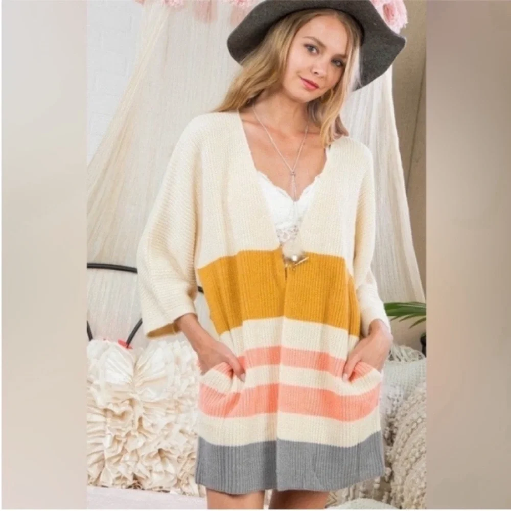 Colorblock Boho Med/Lg Striped Dolman Sleeve Cardigan By Together